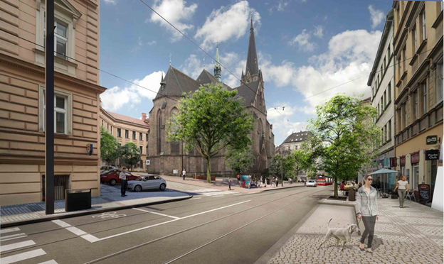 ARCHUM architekti řešili i úpravu Seifertovy ulice spojující pražský Žižkov s centrem města. Návrh koncepčně pracuje s dešťovou vodou, přibýt bu tu měla i nová zeleň. | © ARCHUM architekti ARCHUM architekti řešili i úpravu Seifertovy ulice spojující pražský Žižkov s centrem města. Návrh koncepčně pracuje s dešťovou vodou, přibýt bu tu měla i nová zeleň. | © ARCHUM architekti