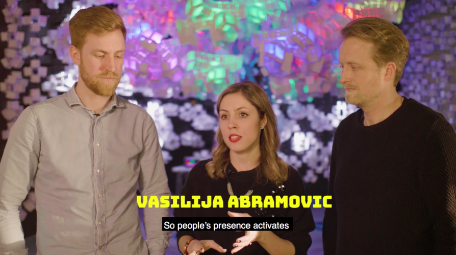 Vasilija Abramovic together with her colleagues Ruairi Glynn & Bas Overvelde presenting installation The Edge of Chaos | © https://vimeo.com/273643661