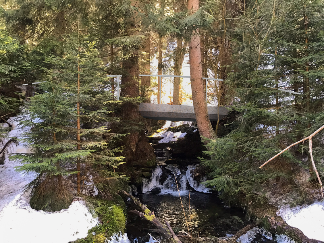 Lávka nad Friesovou strouhou – Nelávka, ateliér Mádr, zákres do fotografie Lávka nad Friesovou strouhou – Nelávka, ateliér Mádr, zákres do fotografie
