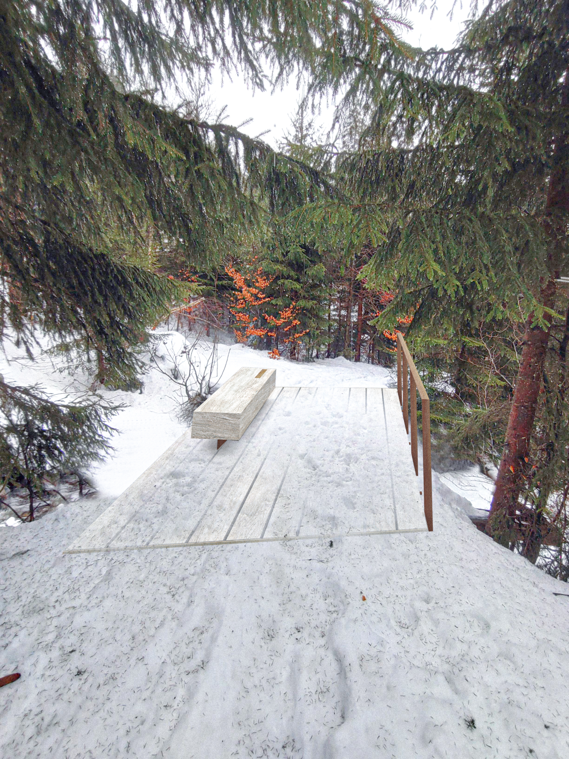 Lávka přes Pudlavu – Hranolky, ateliér Hlaváček–Čeněk–Minarovič, zákres do fotografie Lávka přes Pudlavu – Hranolky, ateliér Hlaváček–Čeněk–Minarovič, zákres do fotografie